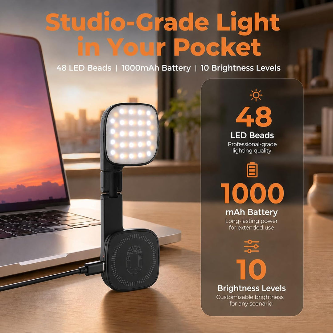 Magnetisches 3-in-1 Selfie Licht Mit Spiegel, 1000mAh Akku 48 LEDs & 10 Helligkeitsstufen (3000K-650