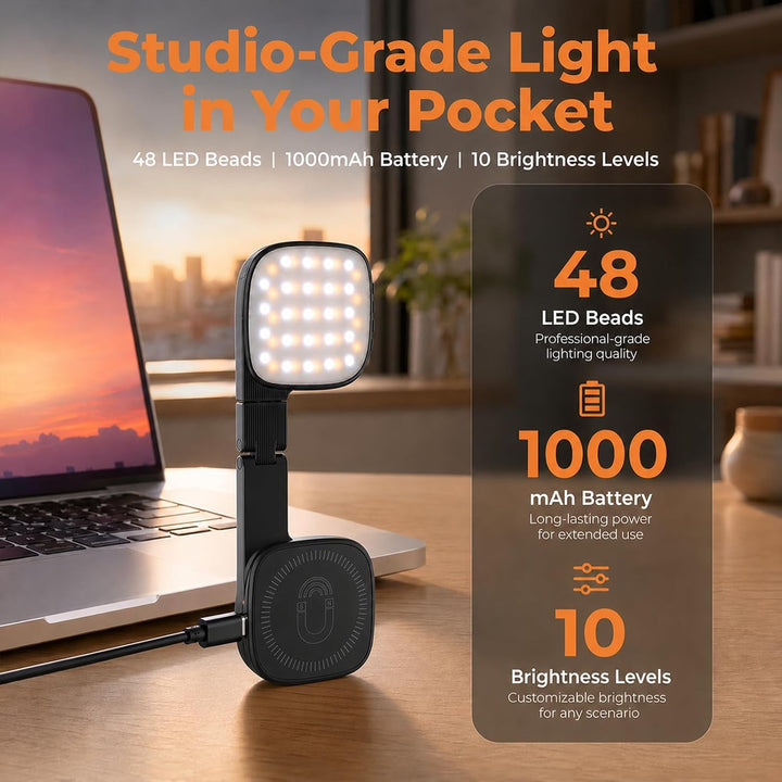 Magnetisches 3-in-1 Selfie Licht Mit Spiegel, 1000mAh Akku 48 LEDs & 10 Helligkeitsstufen (3000K-650