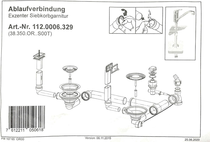 Ab- / Überlaufgarnitur 3 1/2 Zoll für FRANKE Spüle Active Kitchen 654 / AKX 654 mit Integralablauf /
