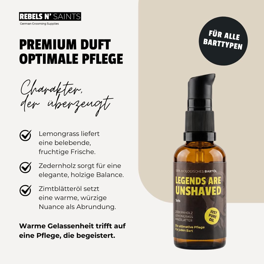 REBELS N' SAINTS Bartöl Solis - 100% natürlich - Pflegt Bart und Haut - Made in Germany - 50 ml Zede