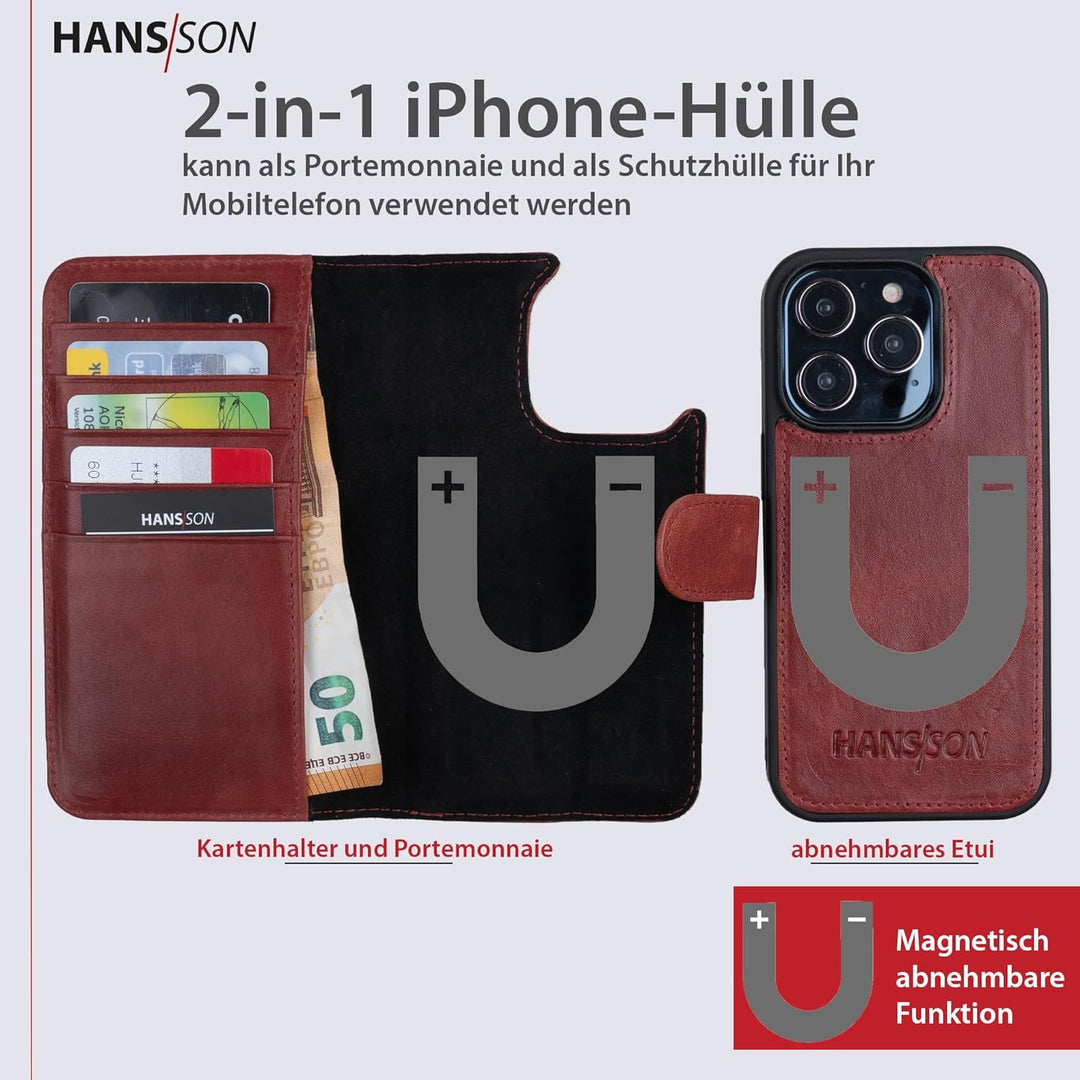 HANS/SON Klappbare Echtlederhülle in Rot | iPhone 14 Pro Max Ledercase mit Kartenfächern | Lederhüll