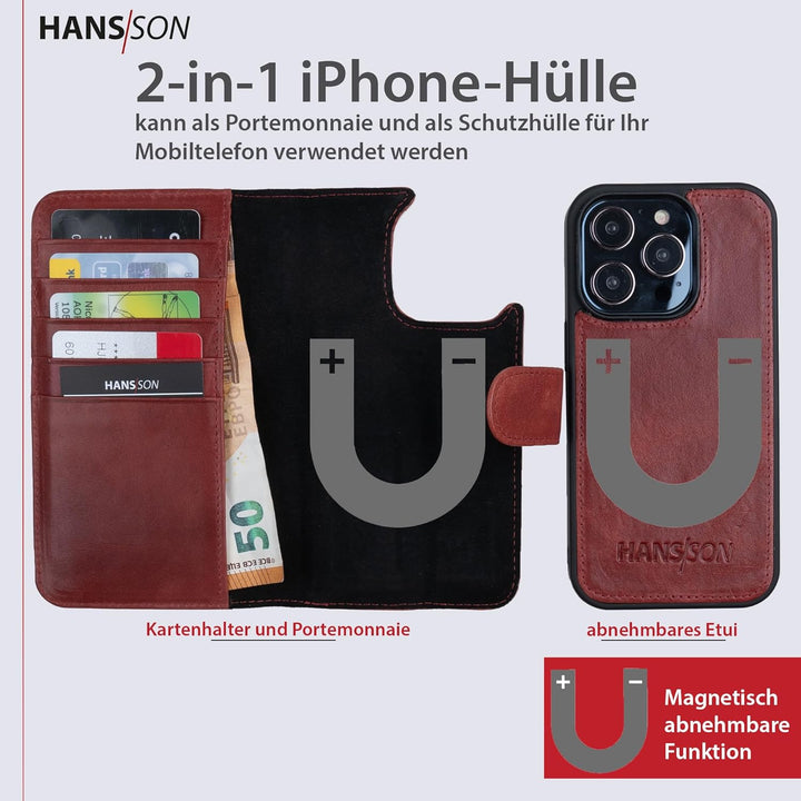 HANS/SON Klappbare Echtlederhülle in Rot | iPhone 14 Pro Max Ledercase mit Kartenfächern | Lederhüll