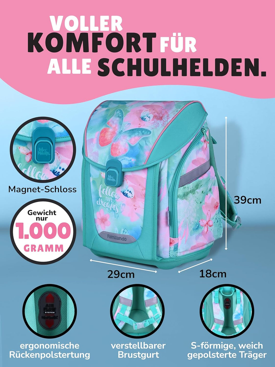 Familando - Premium Schulranzen Set - 10-teilig mit Schultüte - Butterfly (Schmetterlinge) - Ergonom