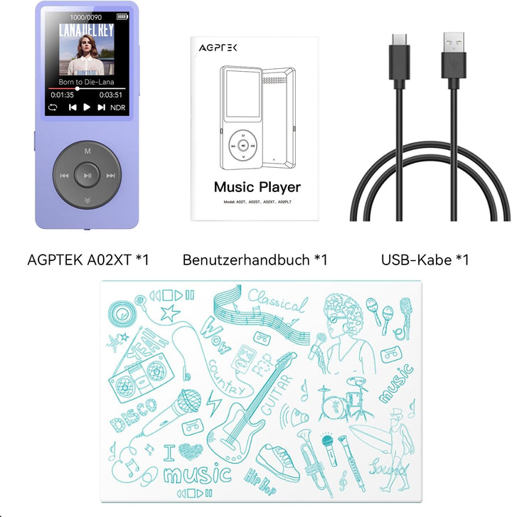 AGPTEK MP3 Player 32GB Bluetooth 5.3, 1.8 Zoll 40 Stunden Wiedergabezeit Digital Kinder MP3 Player m