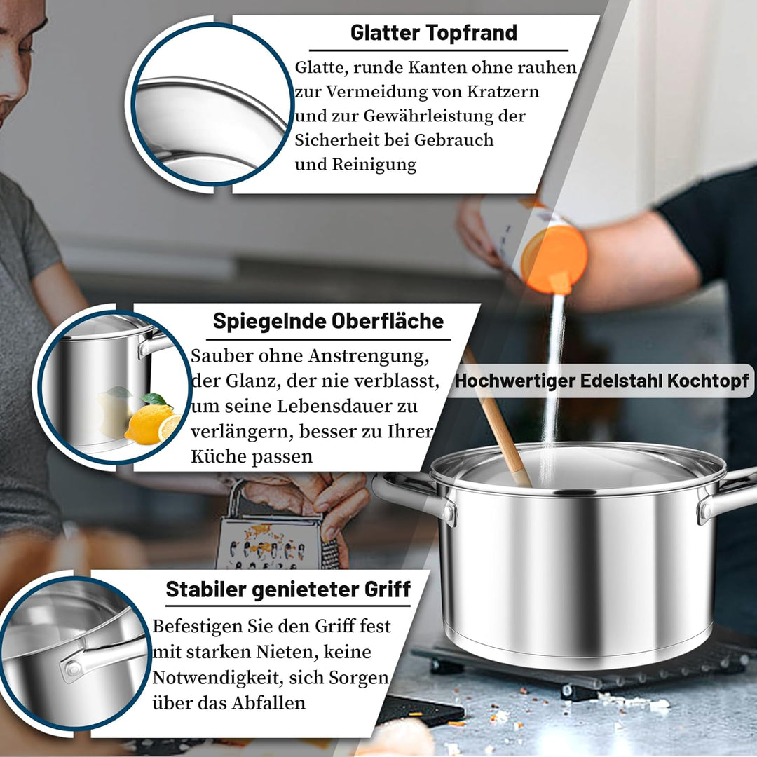 TEAMFAR Kochtopf, 4,7L Edeastahl Topf Suppentopf Induktion mit Glasdeckel, aus 3-Lagen Boden für all
