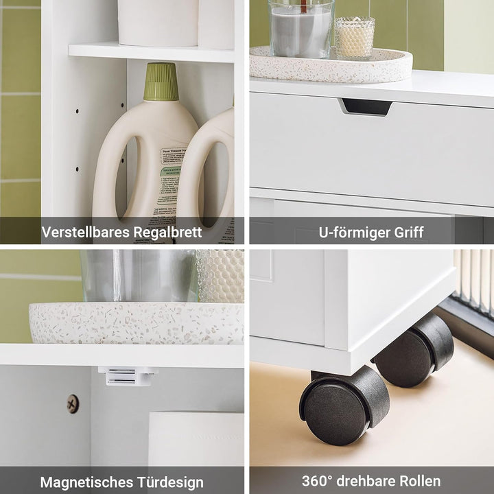 SoBuy BZR31-W Nischenregal Badezimmerschrank Badschrank Badrollwagen mit 2 Schiebetüren und 1 Klappe