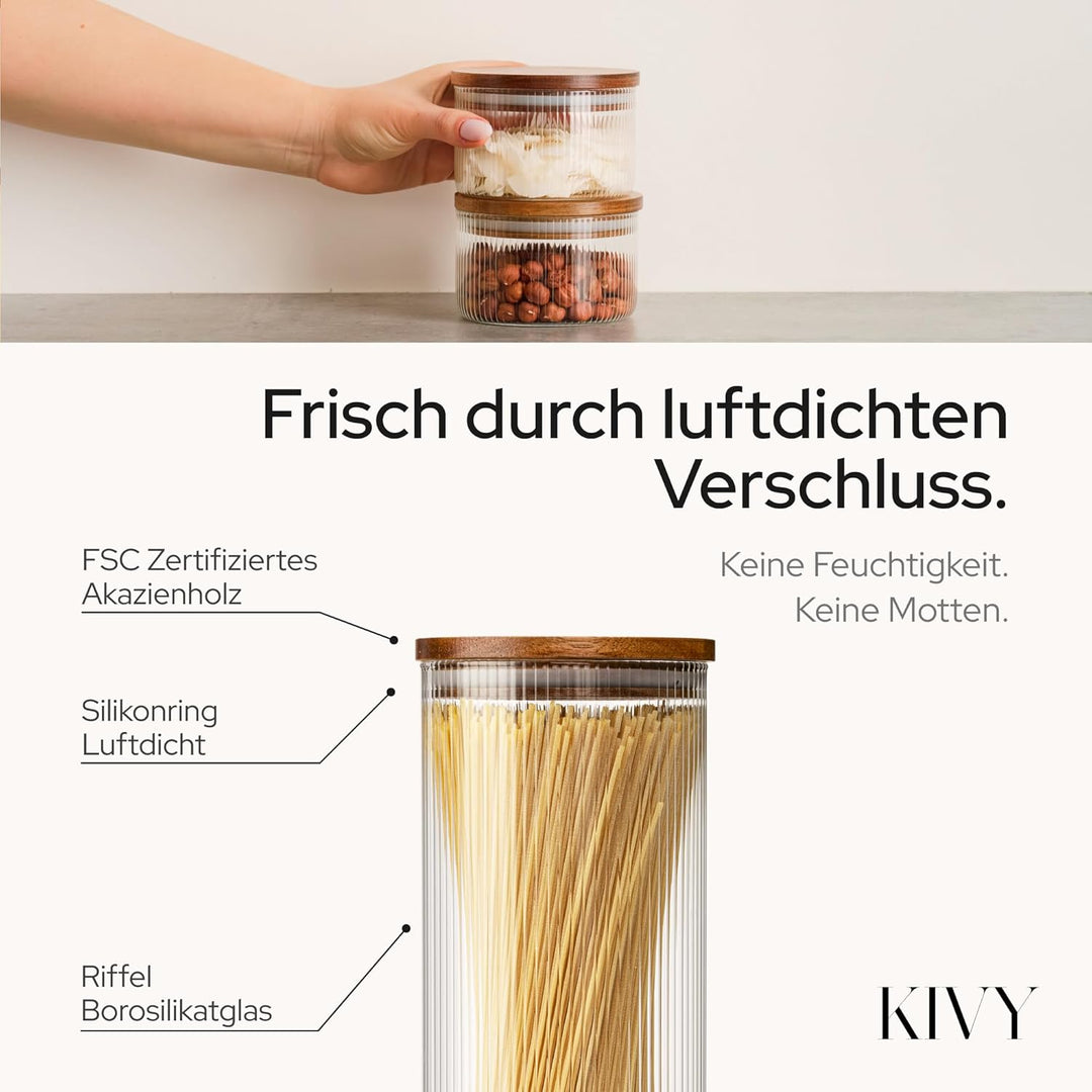 KIVY Riffel Vorratsgläser mit Deckel Luftdicht [3x 1200ml] - Vorratsdosen Glas mit Deckel - Glasbehä