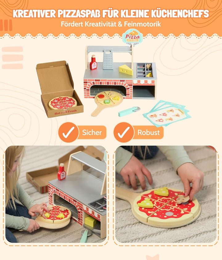 Bayer Chic 2000® Pizza Spielzeug aus Holz – Pizzeria mit Vorrats- & Serviertheke – Fördert Kreativit