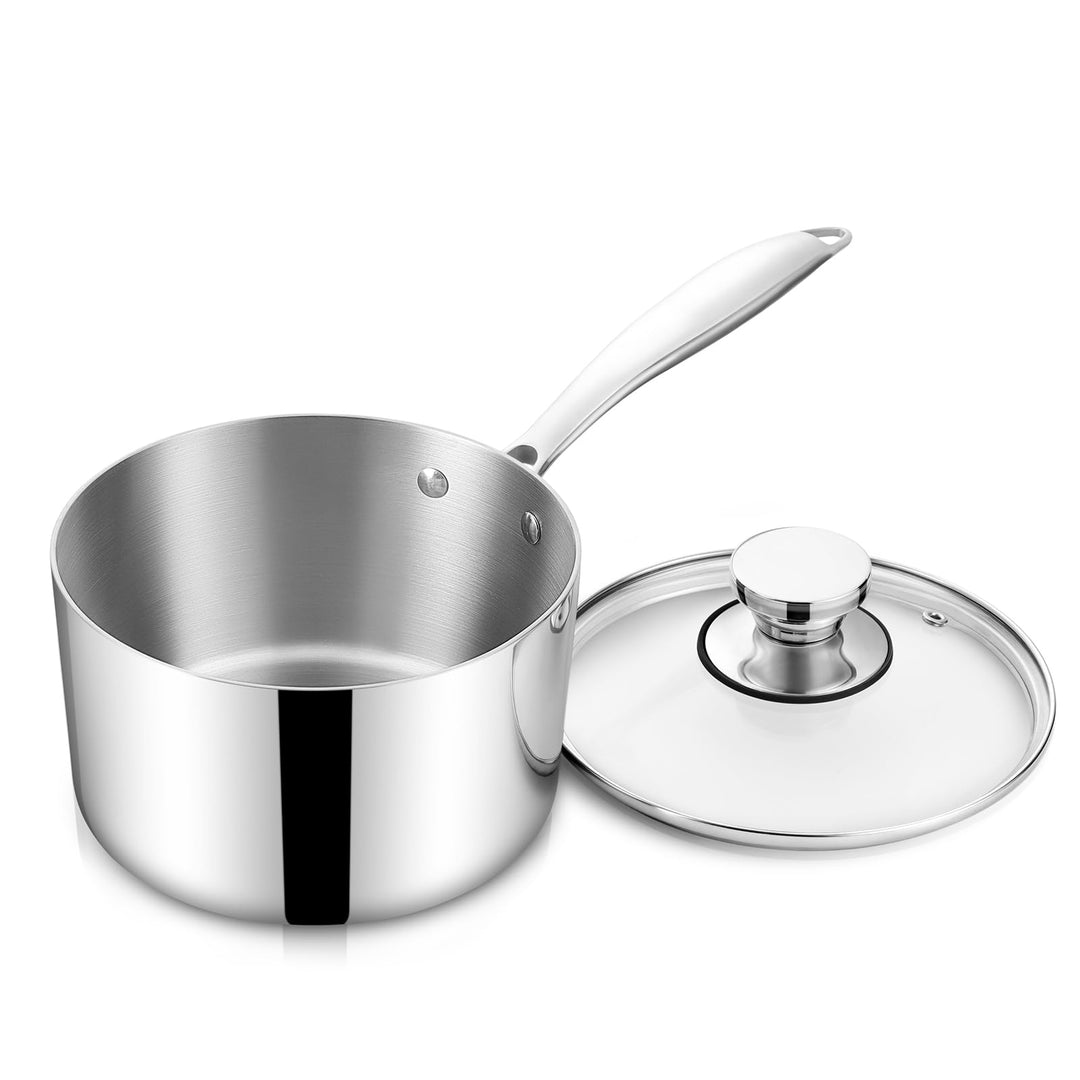 Homikit 16cm Stielkasserolle, 3-Lagen Edeastahl Kasserolle, Glasdeckel, Milchtopf Induktion 1,9L, Un