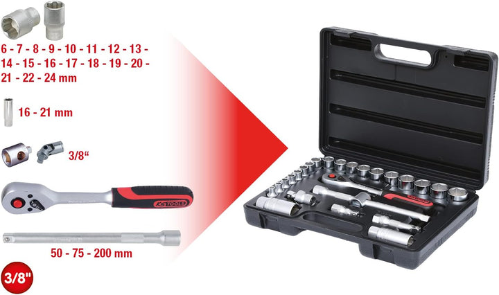 KS Tools 911.0626 3/8 Zoll Steckschlüssel-Satz | inklusive Umschaltknarre, 45-Zahn | matt satiniert