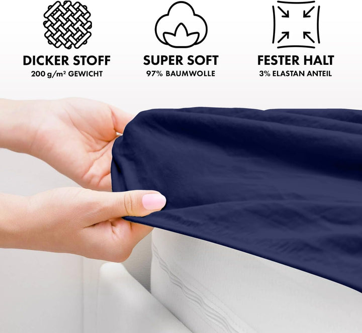 Jacobson Jersey Spannbettlaken Spannbetttuch Baumwolle Bettlaken (Premium 200x220 cm, Dunkelblau) PR