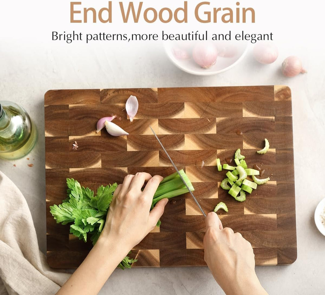 HEZHEN Akazienholz Hackbretter, Hirnholz Schneidebrett,Servierbrett, Rutschfesten Füssen,Eingebauten