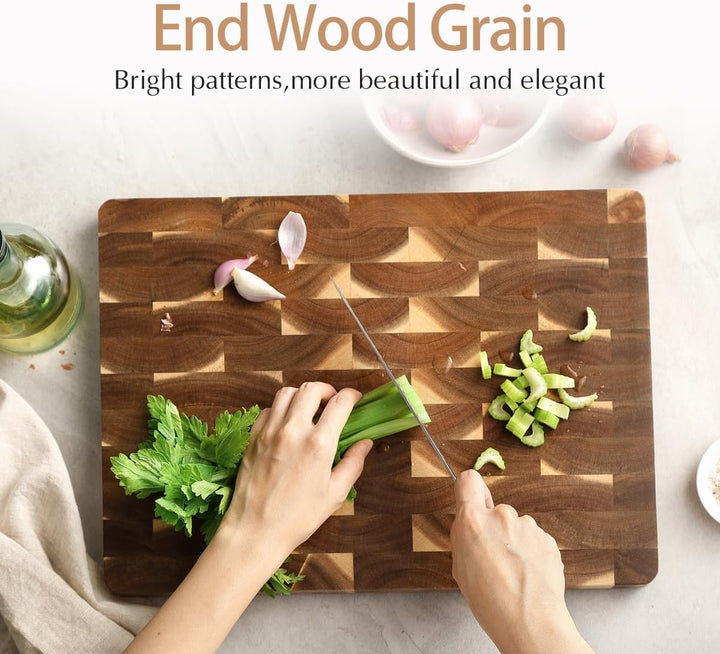HEZHEN Akazienholz Hackbretter, Hirnholz Schneidebrett,Servierbrett, Rutschfesten Füssen,Eingebauten