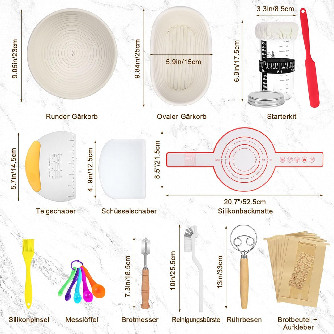 SHANNA GäRköRbchen, GäRkorb 15 Teilig, Sauerteig Starter Set, Brot Backen, GäRköRbchen Oval und Rund