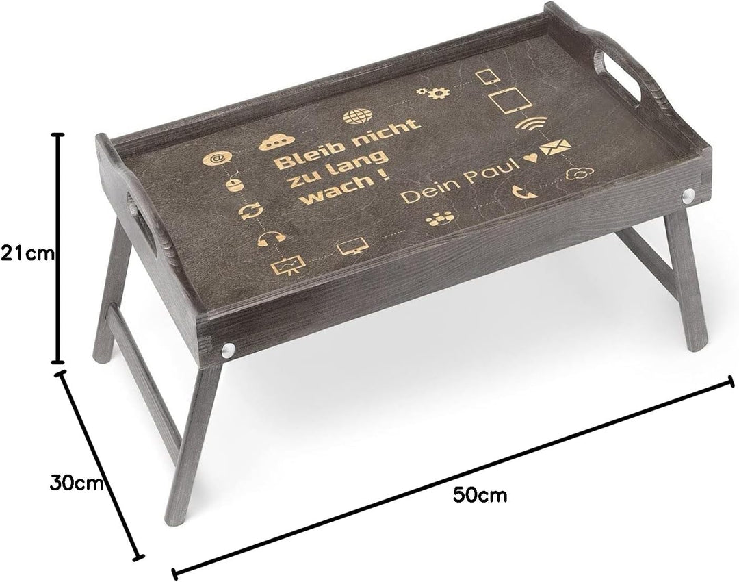 Maverton Betttablett mit Gravur - personalisiert - Sofatisch mit Griffen - klappbar - erhöhter Rand