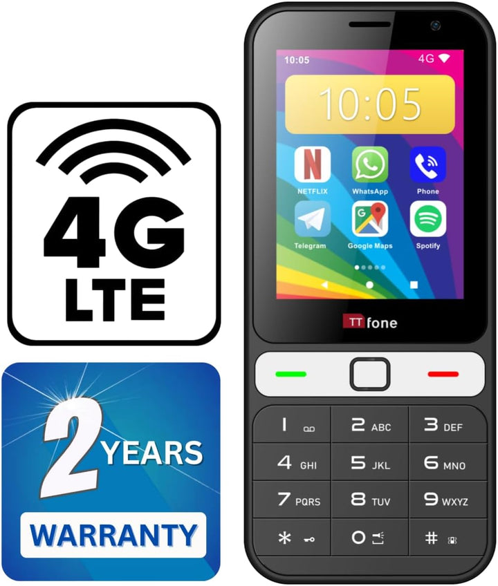 TTfone TT280 – Telefon 4G Dual SIM Single mit Android, 2,8 Zoll Touchscreen, Tastatur, 2 MP Kamera,