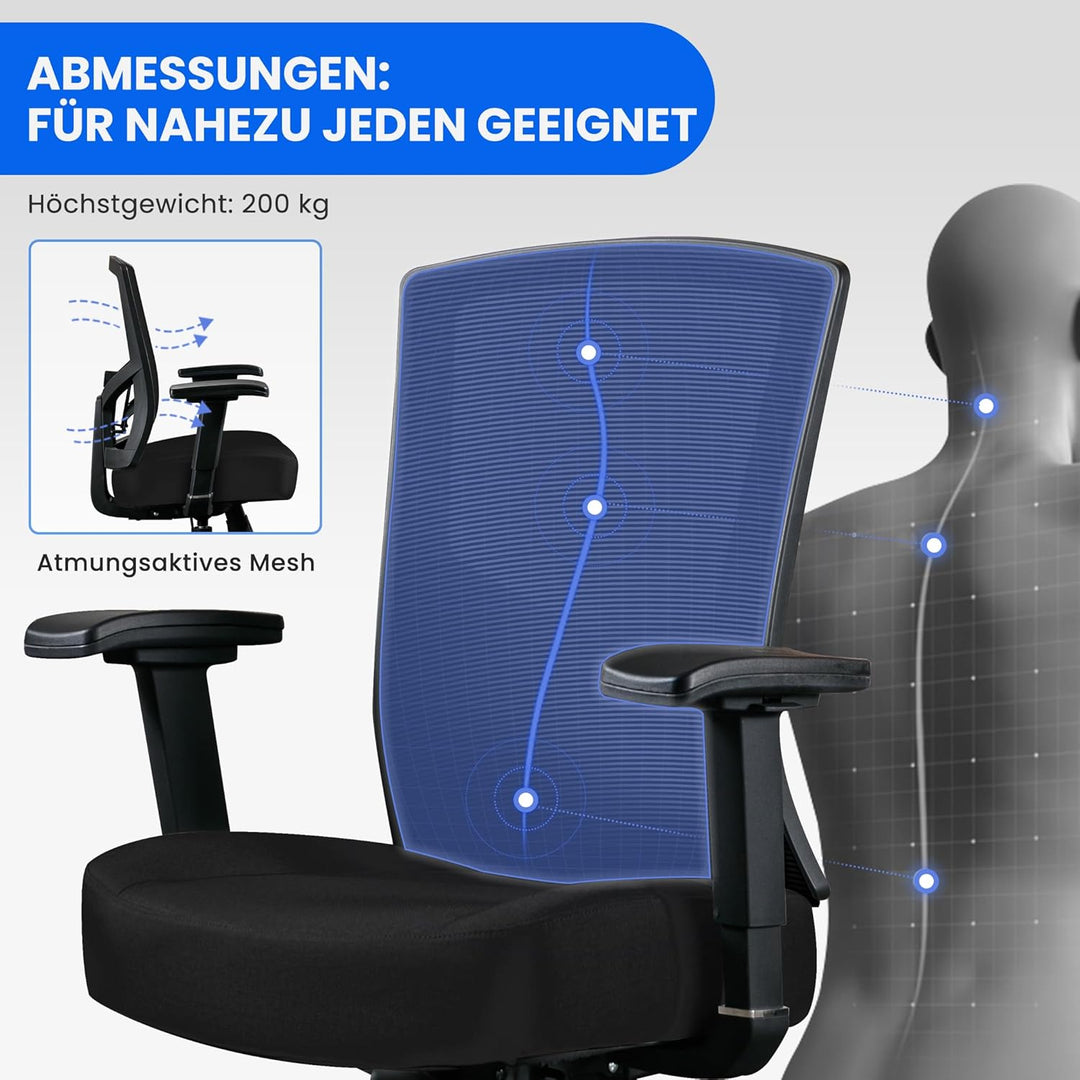 Fantasylab Bürostuhl Ergonomisch 200KG Schreibtischstuhl, Hoher Rücken Ergonomischer Stuhl Drehstuhl
