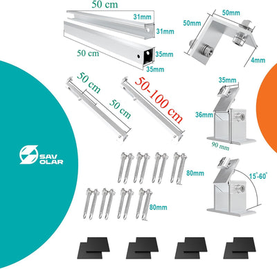 2 Sets SAVOLAR Solarmodul Halterung Balkonkraftwerk Flachdach (15-60°) Winkel Einstellbar, 50-100cm