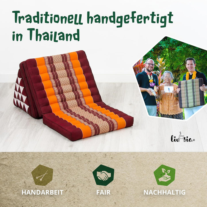 livasia Thaikissen 3 Auflagen extrahoch - 185x55x8cm - Dreieckskissen mit Klappmatratze, Kapok, Jumb