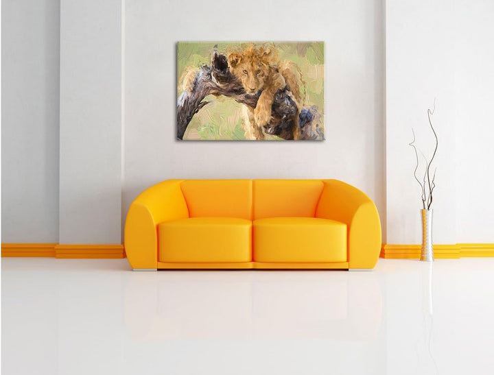 Pixxprint Junger Löwe in der Natur Kunst / 100x70cm Leinwandbild bespannt auf Holzrahmen/Wandbild Ku