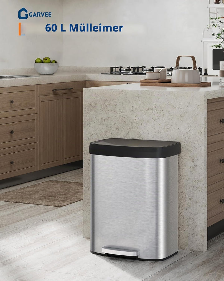 GarveeHome 60L Edelstahl Mülleimer mit Deckel, grosser Tretmülleimer, Mülleimer Küche, rostfrei, mit