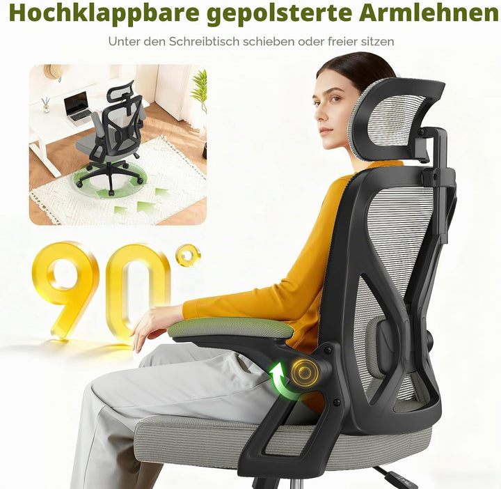 Bürostuhl, ergonomischer Schreibtischstuhl mit gepolsterter Lendenwirbelstütze und hochklappbaren Ar