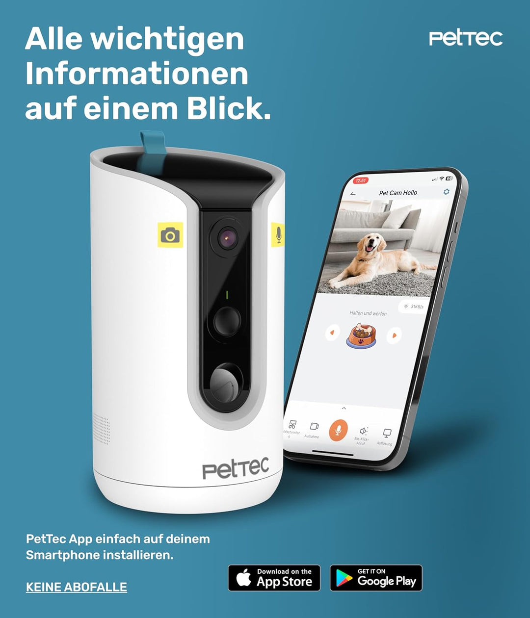 PetTec® Haustierkamera 360° und automatischer Futterspender mit Leckerliauswurf - via App & Multitas