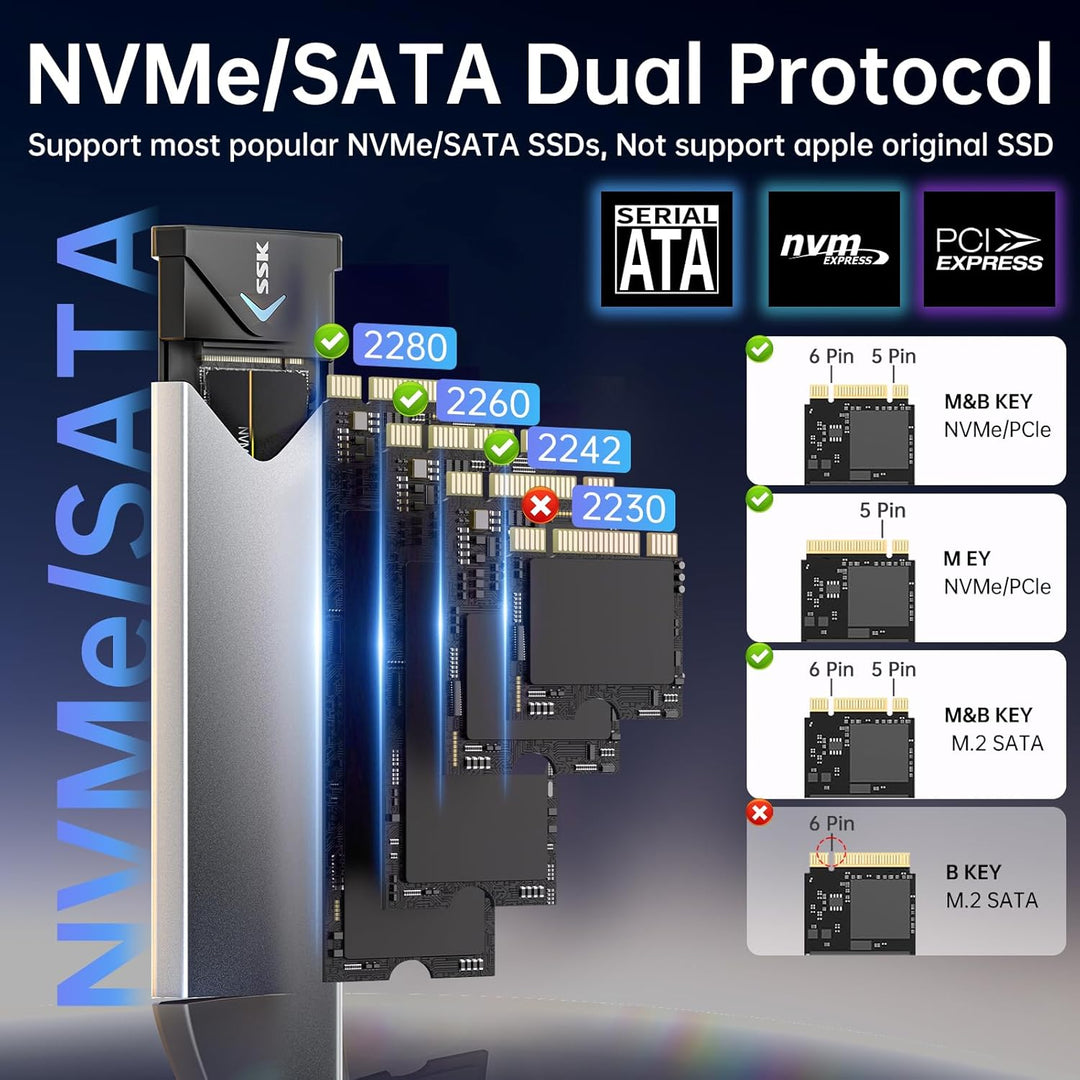 SSK Aluminium M.2 NVME SATA SSD Gehäuseadapter, USB 3.2 Gen 2 (10 Gbit/s) auf PCI-E NGFF M-Key/(B+M)