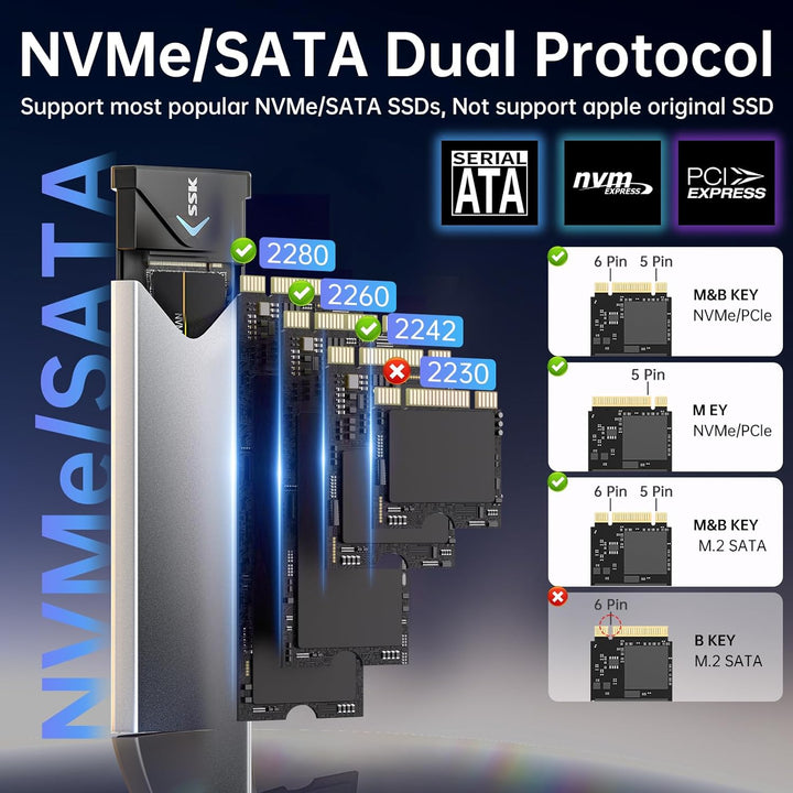 SSK Aluminium M.2 NVME SATA SSD Gehäuseadapter, USB 3.2 Gen 2 (10 Gbit/s) auf PCI-E NGFF M-Key/(B+M)