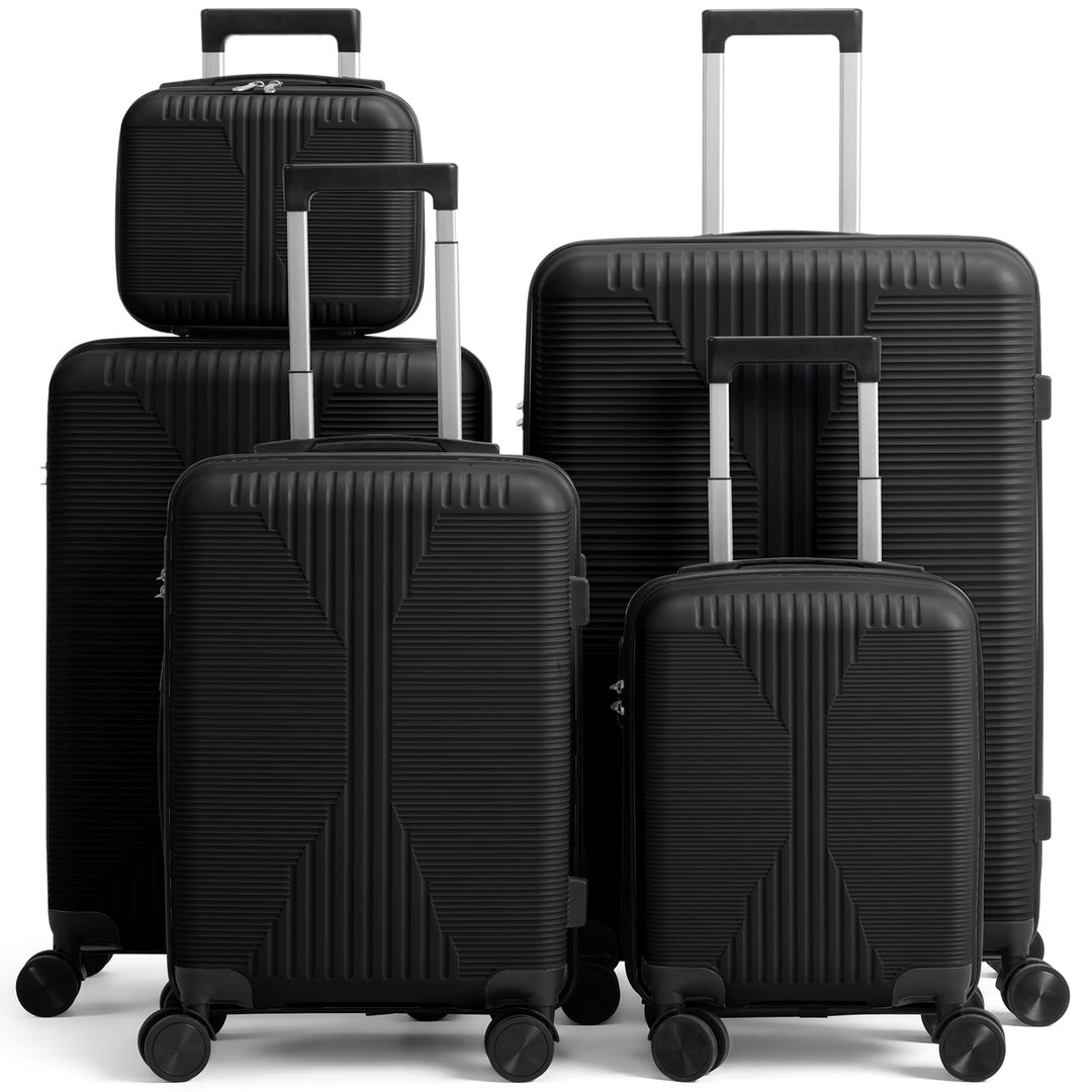 LEADZM Koffer Set 5 teilig mit Kosmetikkoffer aus PP (Schwarz) Schwarz 5 Tlg, Schwarz 5 Tlg