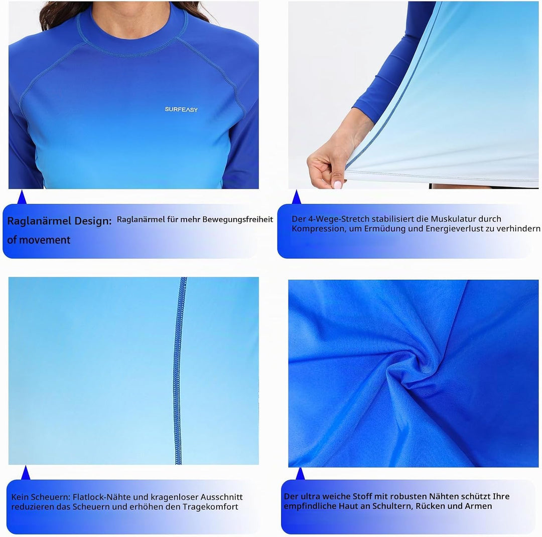 SURFEASY Damen Rash Guard Langarm Sonnenschutz Schnelltrocknend Badeshirt Surf Shirt Schwimmen Badem