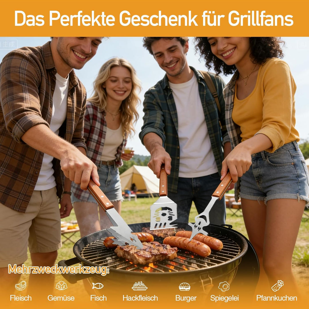 Grillbesteck-Set 3-TLG Aufhänge-Ösen, Grillzubehör mit Grillzange, Grillwender, Fleischgabel, Extra