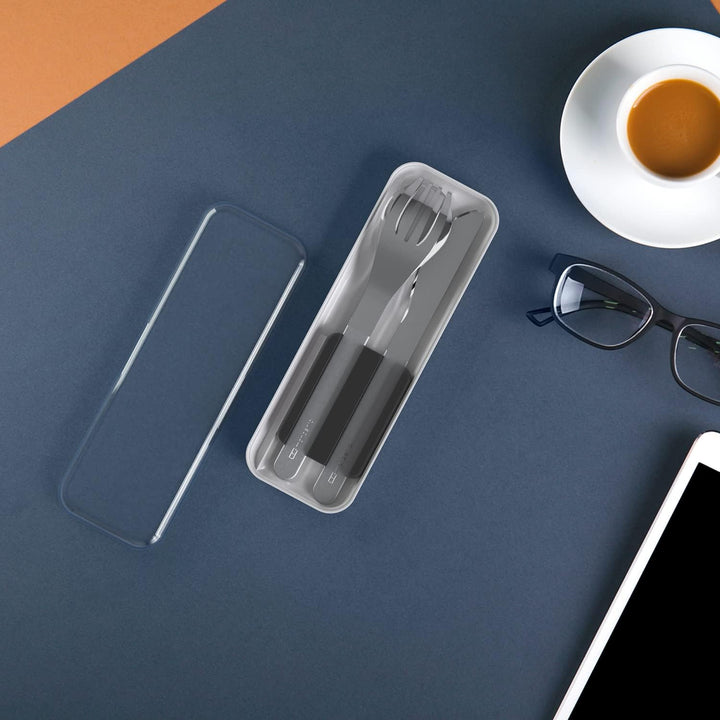 MONBENTO - Besteck zum Mitnehmen mit Etui MB Slim Box Onyx - Tragbares Besteck mit 3 Teilen Messer,