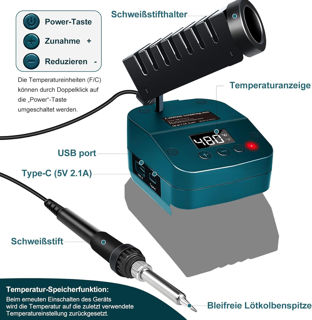 kabelloser Lötkolben Set kompatibel mit Bosch 18V BAT Akku, Tragbarer Kabelloser Lötkolben mit Unter
