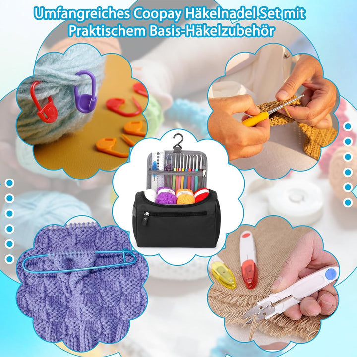 Coopay Tragbar Häkelset für Anfänger, Häkelnadel Set mit 15 Wolle, Tasche, Häkelzubehör, Ergonomisch