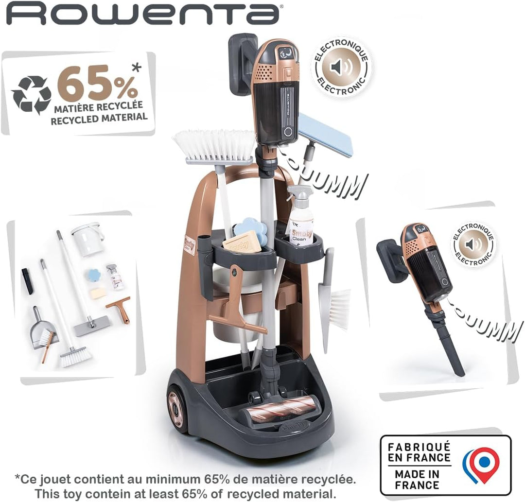 Smoby - Rowenta Reinigungstrolley & Spielstaubsauger mit Sound - Haushalts-Spielset mit 10 Zubehörte