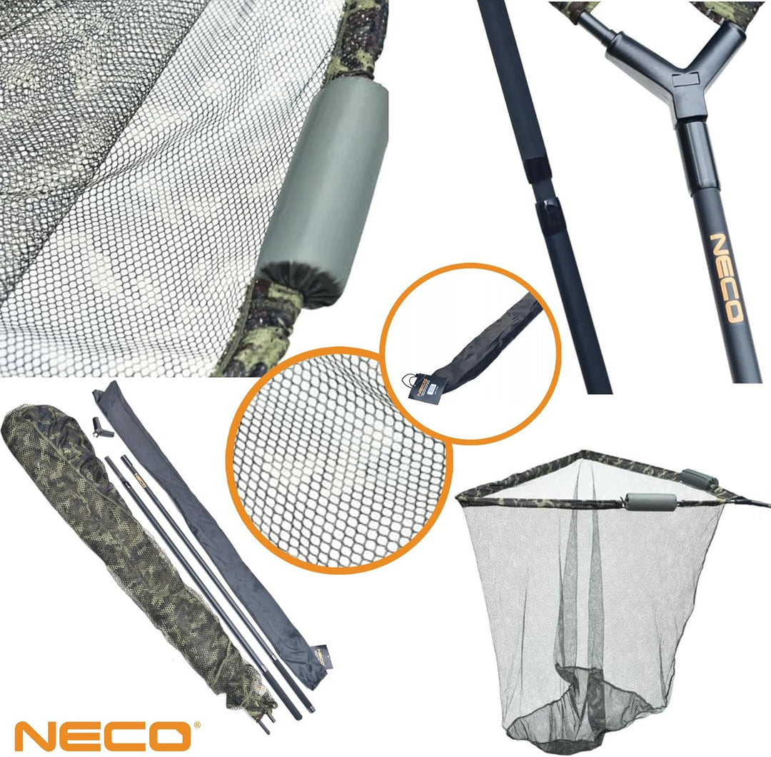 NECO Karpfenkescher 100×100 cm – Grosser Angelkescher 2,80 m Carbon, Faltbar – Tiefe 127 cm, Metallk