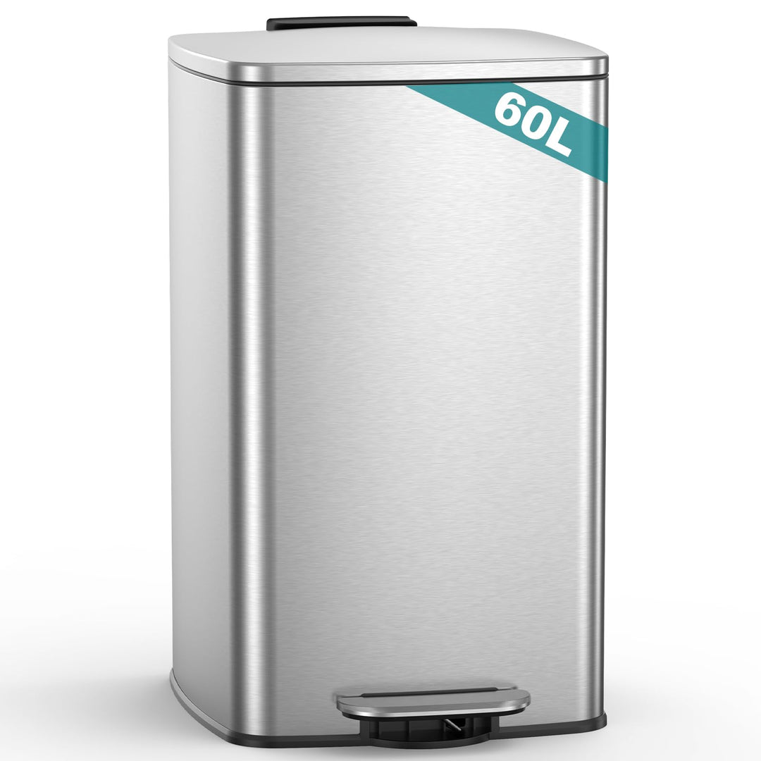 lovewind Mülleimer Küche 60L, Edelstahl Tretmülleimer mit Soft-Close Deckel, Herausnehmbarer Innenei