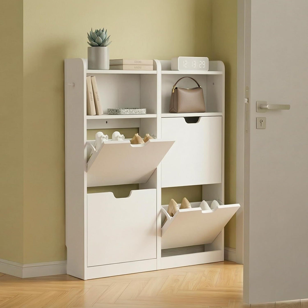 Yaheetech Schuhschrank 4 Klappen, Schuhkipper Schuhregal mit Offenen Fächern, Schuhablage Schmal für
