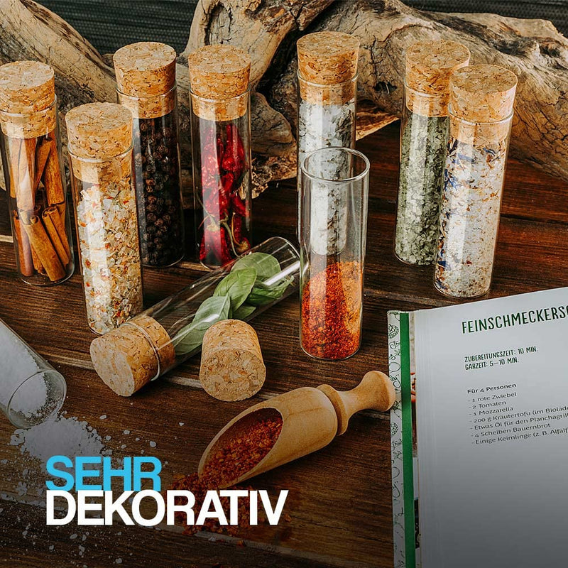 Tuuters 25x Gewürzgläser mit Korken (dunkelbraun) im Set, aus Glas, kleine Gewürzbehälter (70 x Ø30