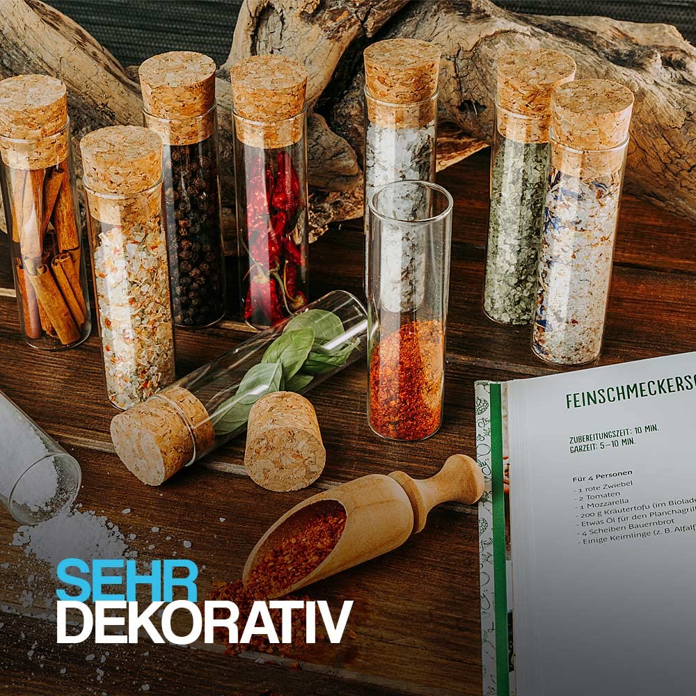 Tuuters 25x Gewürzgläser mit Korken (dunkelbraun) im Set, aus Glas, kleine Gewürzbehälter (100 x Ø30