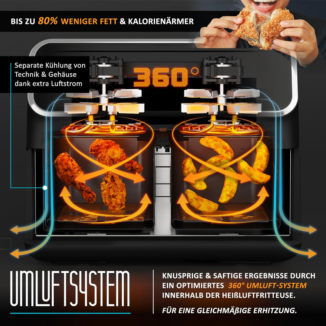 Arendo - Heissluftfritteuse Dual Zone mit 2 Kammern - XXL Kapazität 2 Fächer Doppelkammer – 2700 Wat