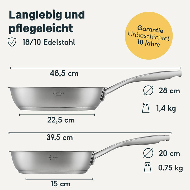 SILBERTHAL Pfannen Set 2 teilig 20cm und 28cm - Edelstahlpfanne Unbeschichtet - Induktionsgeeignet -