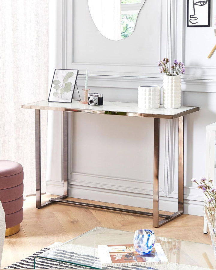 Schmaler Konsolentisch mit Marmor Optik weiss Metallgestell silber Glamour Plano
