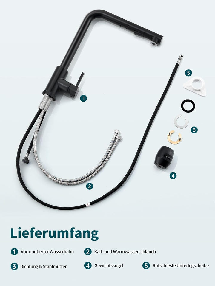 Wasserhahn Küche, Ausziehbare Küchenarmatur mit Sprühbrause aus Edelstahl und 2 Sprühfunktionen, 360