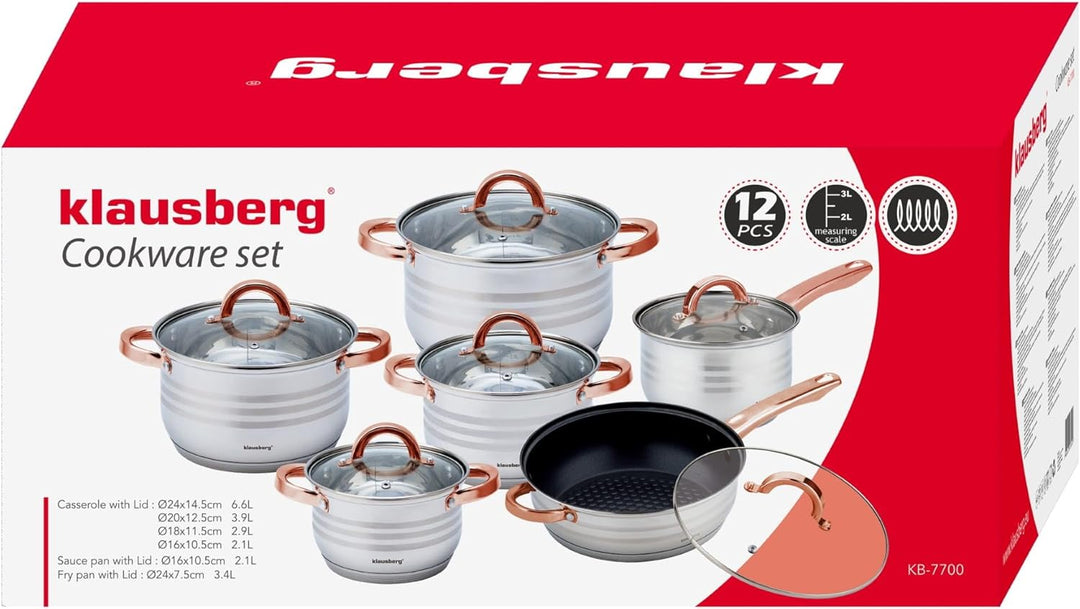 Teilig Edelstahl Kochtopf Set Topfset mit Glasdeckel Topfe Induktion KLAUSBERG (12 TEILIG), 12 TEILI