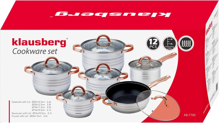 Teilig Edelstahl Kochtopf Set Topfset mit Glasdeckel Topfe Induktion KLAUSBERG (12 TEILIG), 12 TEILI