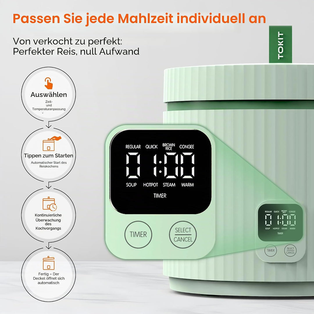 TOKIT Reiskocher 1.5L Mini Elektrische Reis Kocher, Multifunktionskocher mit Keramik Antihaftbeschic