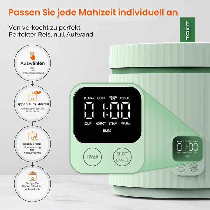 TOKIT Reiskocher 1.5L Mini Elektrische Reis Kocher, Multifunktionskocher mit Keramik Antihaftbeschic