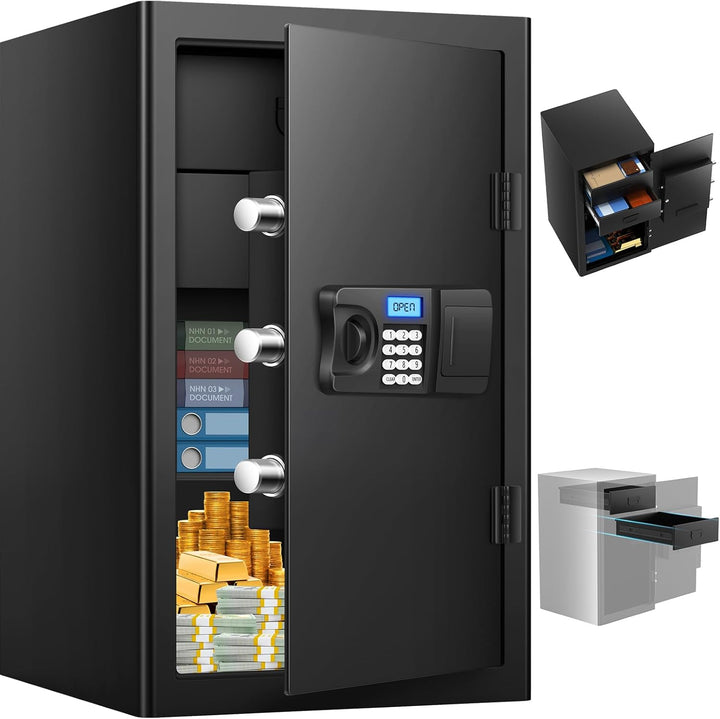 Mejasg 85L Grosser Safe Tresor Feuerfest mit 2 Schubladen&1 Herausnehmbares Regal, Digitaler Möbeltr